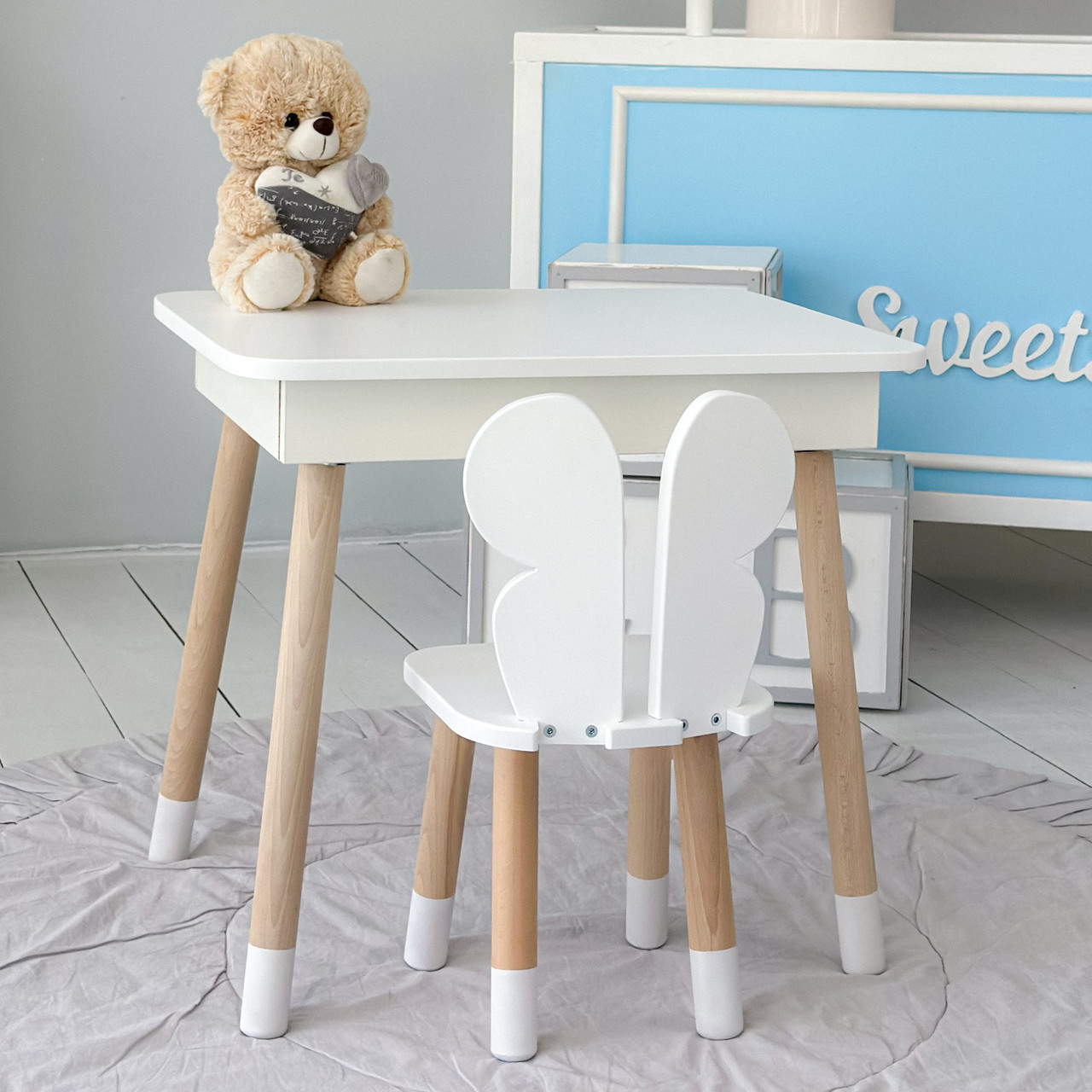 Стіл та стілець в дитячу, столик із підйомним механізмом 53х60х45 стільчик для відпочинку 26.5х26х25, білий, фото 1