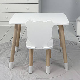 Дитячий набір меблів, дерев'яний стільчик ведмедик 26.5х26х25см, прямокутний столик 46х60х45, білий