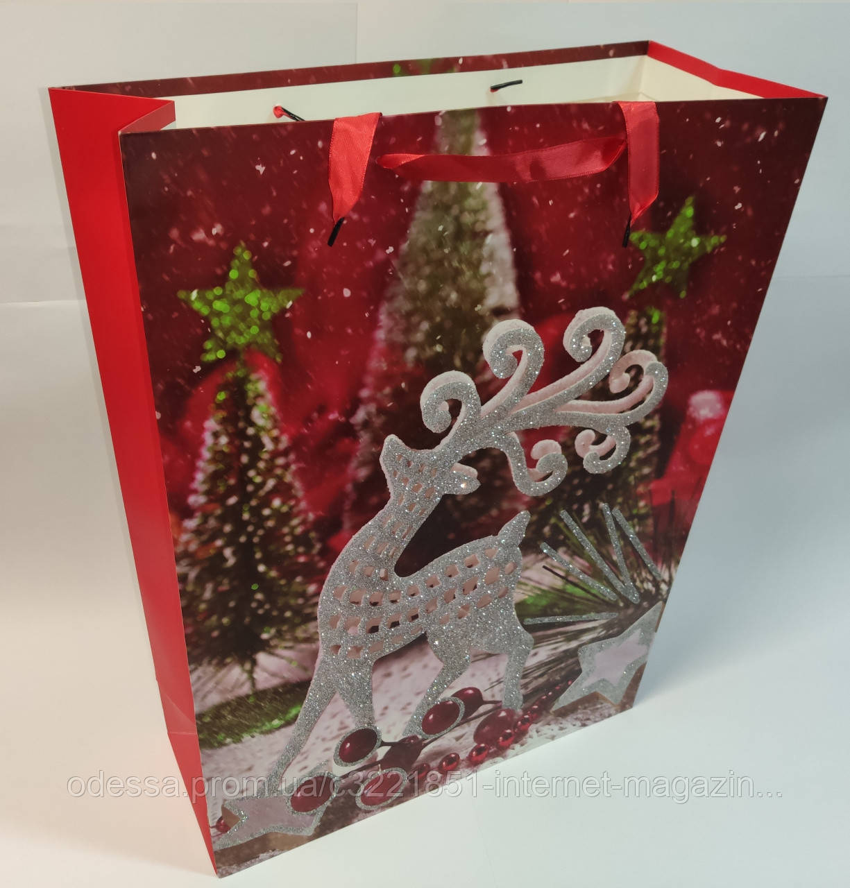 Пакет подарунковий паперовий "Новорічна композиція" 40 * 55 * 15см Stenson R87419 (колір: червоний) [Склад зберігання: Київ №1]