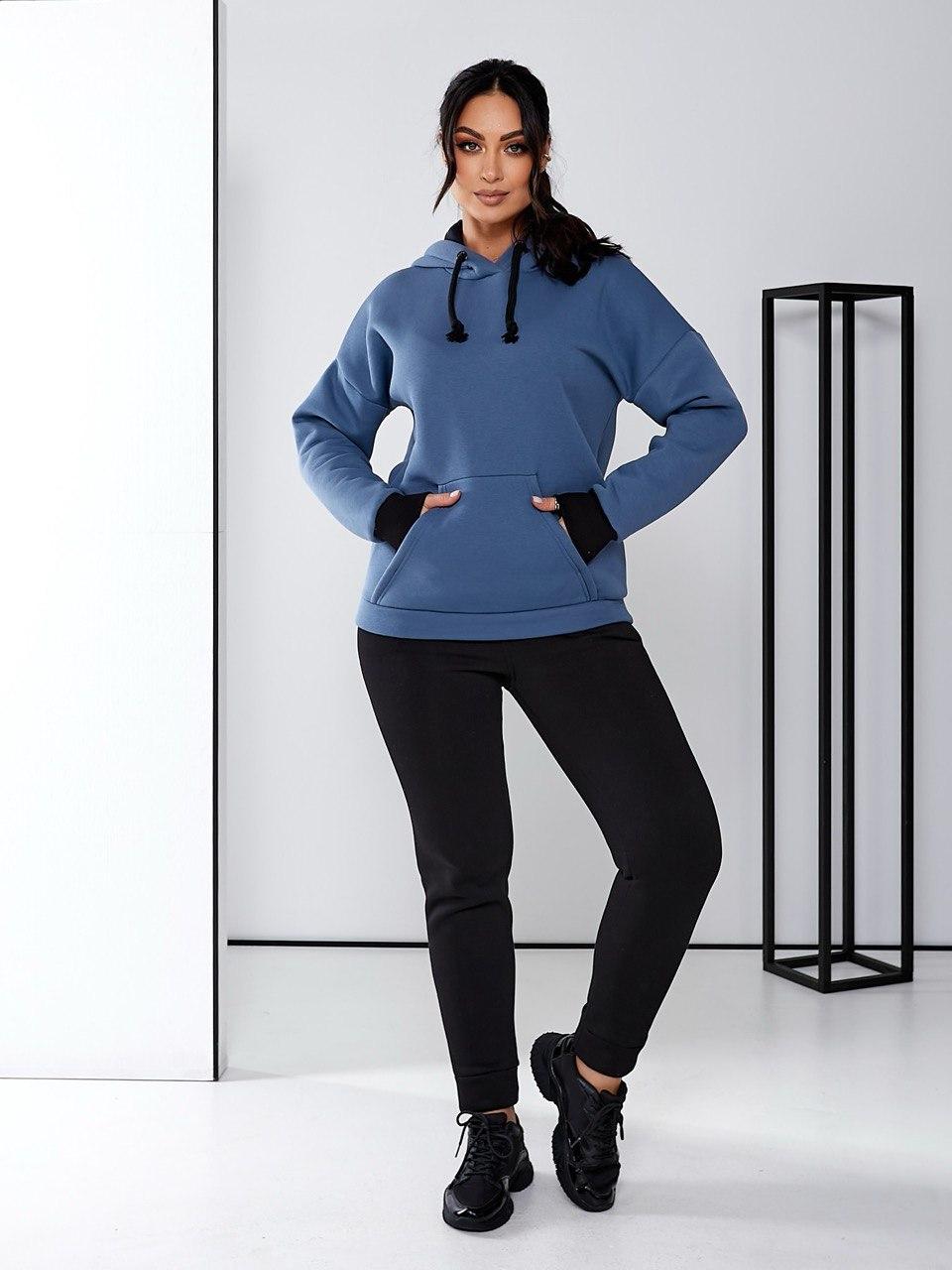 Жіночий теплий спортивний костюм кенгуру на флісі арт. А922 синій/джинс