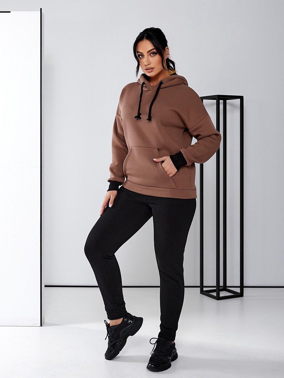 Жіночий теплий спортивний костюм кенгуру на флісі арт. А922 коричневий/кава