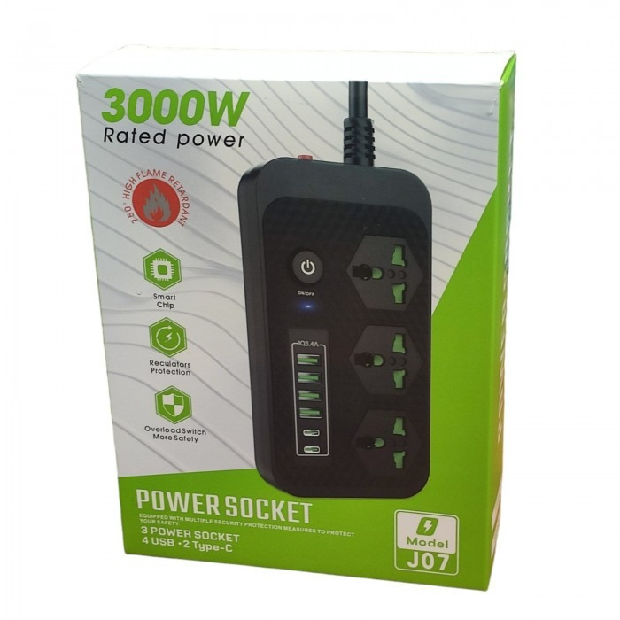 Мережевий подовжувач фільтр Power Socket J07 на 3 розетки + 4 USB 3.4 A і 2 Type-C