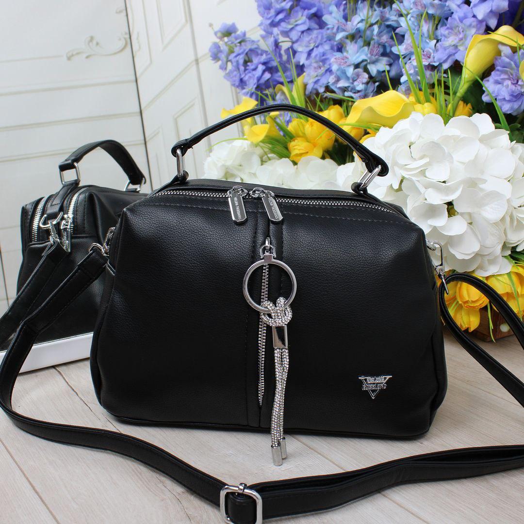 Жіноча сумка через плече на 2 відділення середня красива чорна екошкіра