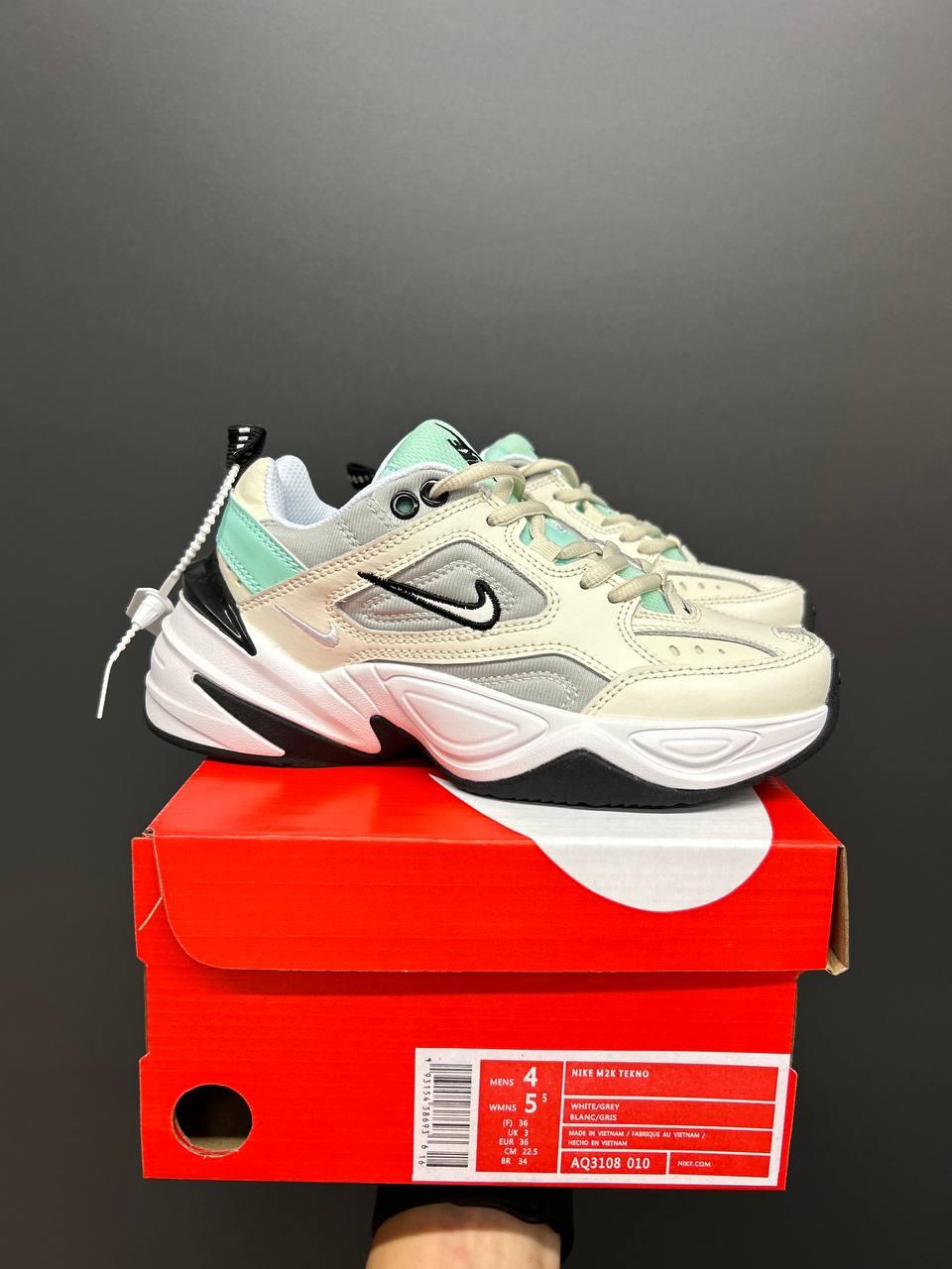 Жіночі кросівки Nike M2K Tekno White Grey Turquoise Кеди Найк М2К Текно шкіряні білі демісезон
