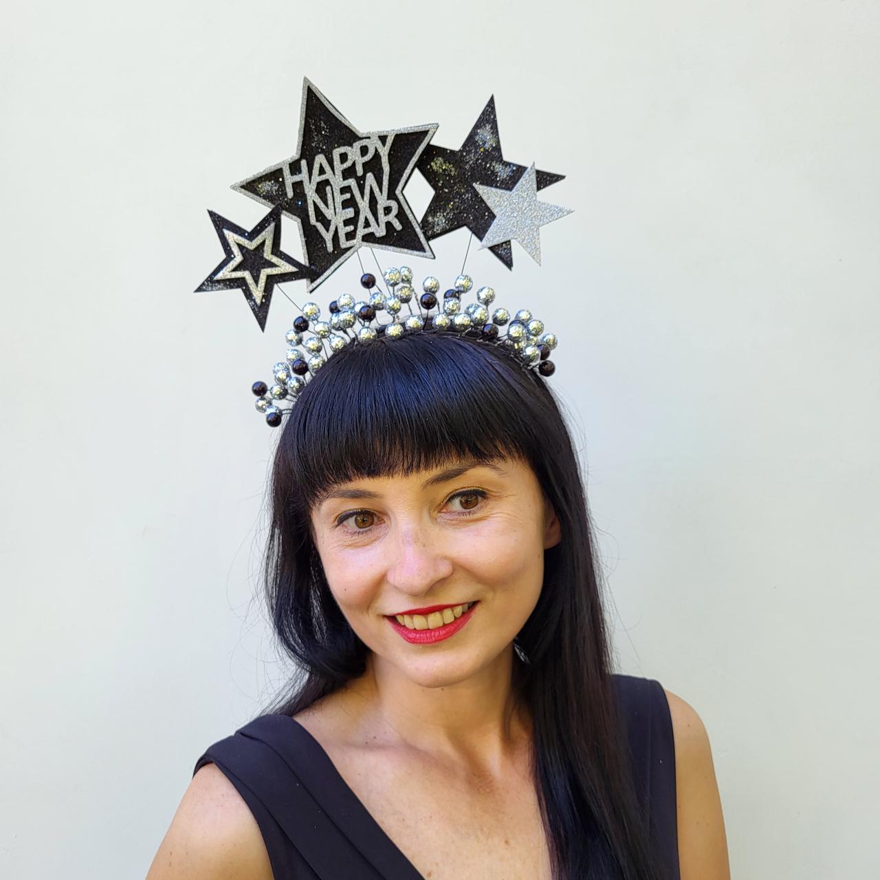 Чорний зі срібним Новорічний обруч з зірками, новорічна зіркова корона, фото 1