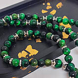 Чотки на 100 намистин з каміння соколине око (зелене) і чорний онікс глянцевий, фото 2