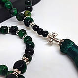 Чотки на 100 намистин з каміння соколине око (зелене) і чорний онікс глянцевий, фото 5