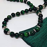 Чотки на 100 намистин з каміння соколине око (зелене) і чорний онікс глянцевий, фото 6