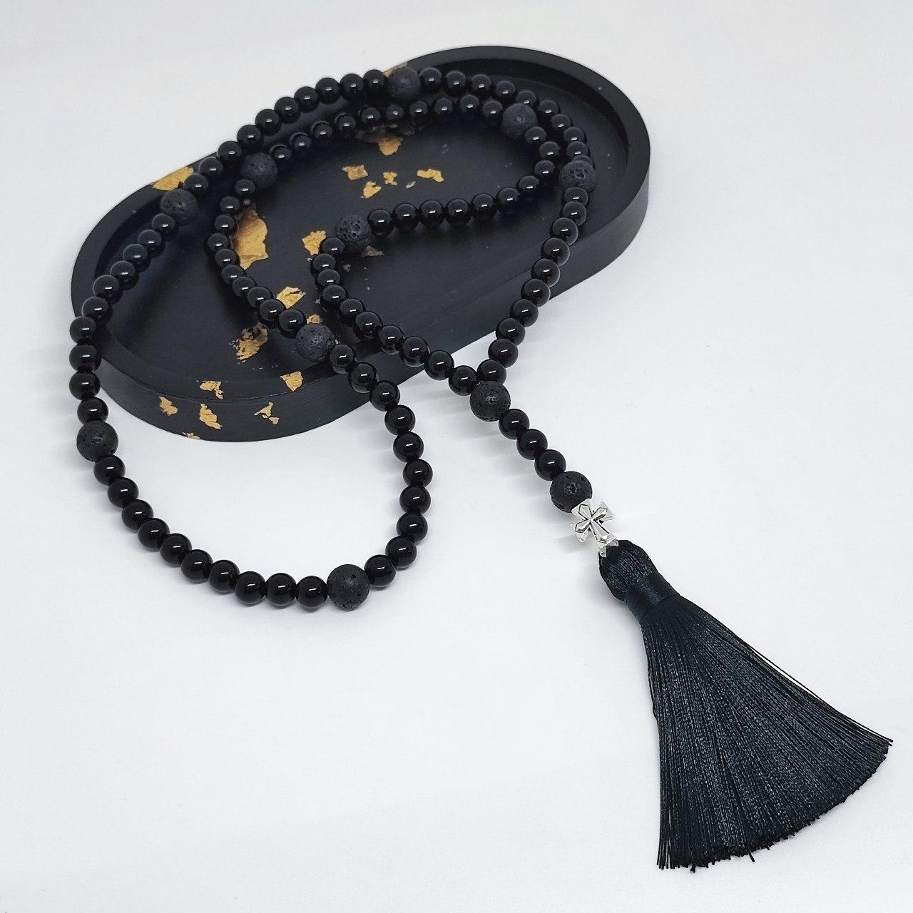 Чотки на 100 намистин з вулканічної лави і онікса чорного, фото 1