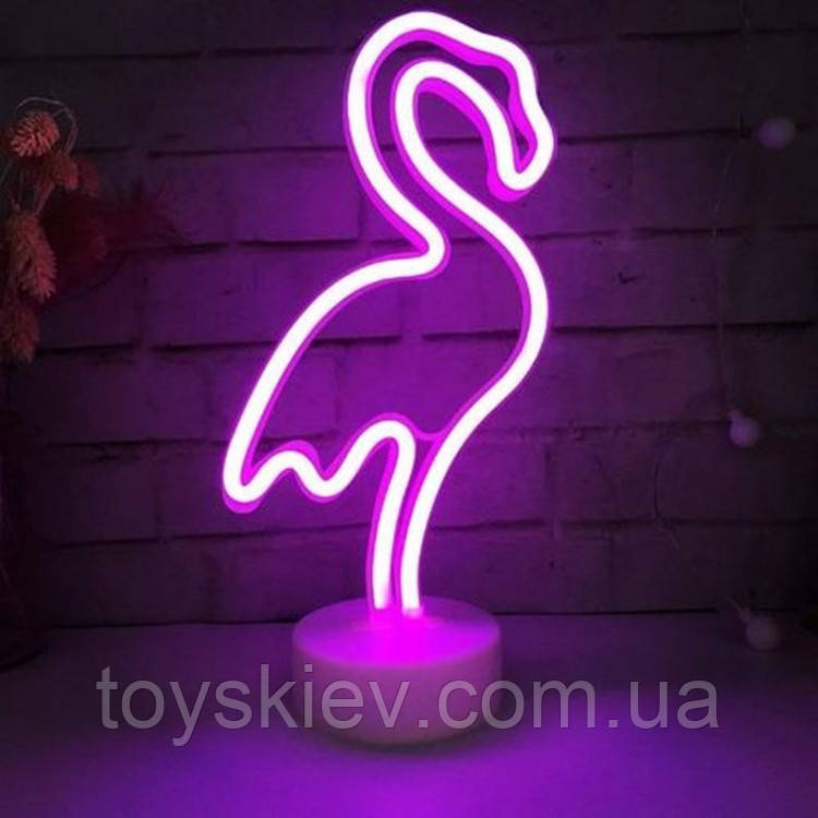 Неоновий нічник-світильник Фламінго LED для кімнати працює від батарейок та USB