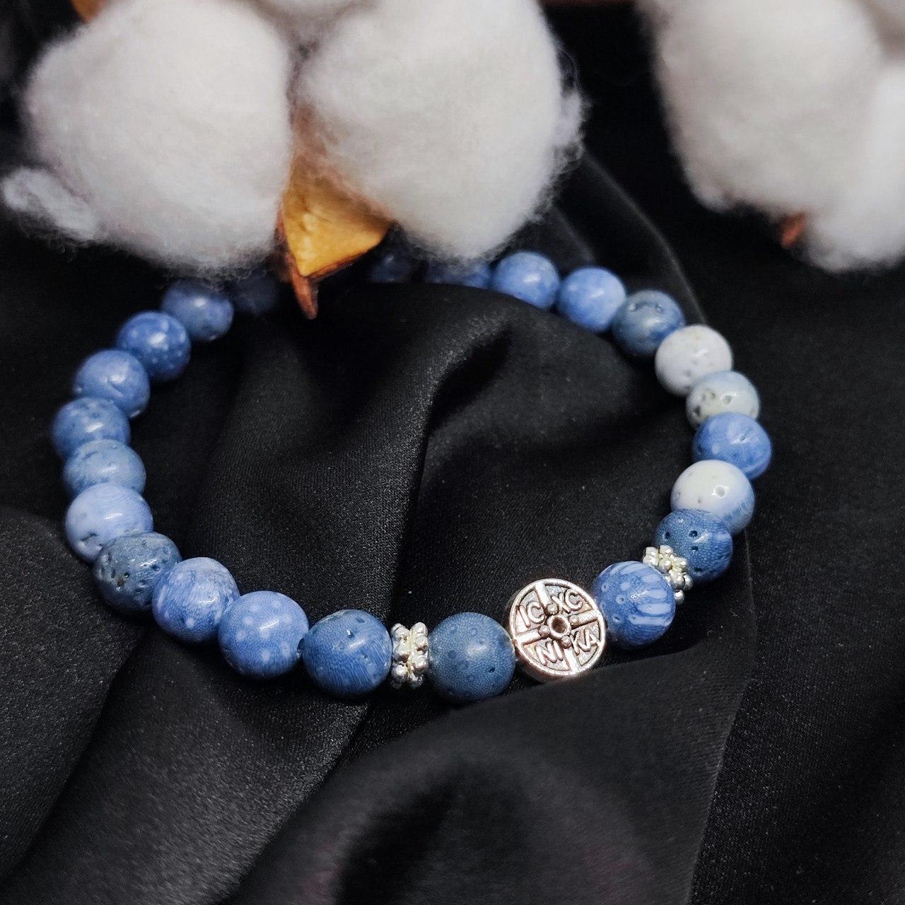 Браслет з вставкою Ніка з каменю корал блакитний на 24 намистини, фото 1