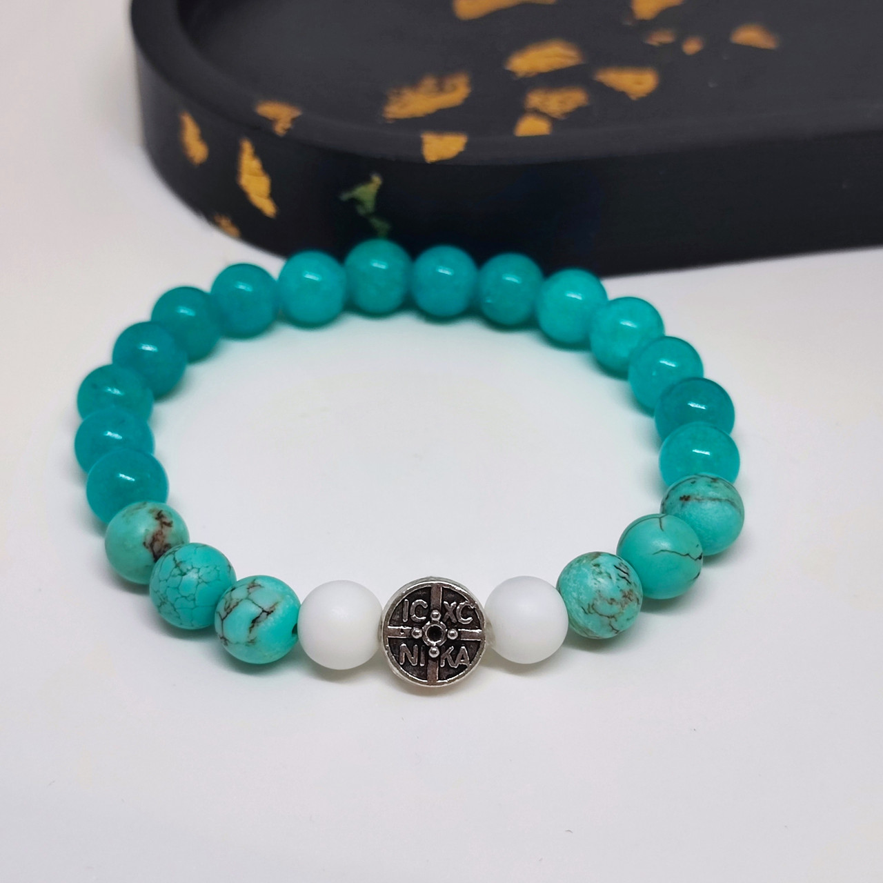 Браслет з каміння агат, бірюза, аквамарин і вставкою Ніка, фото 1