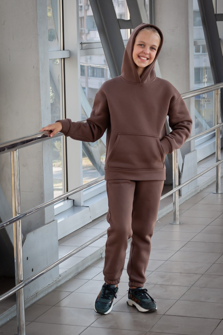 Теплий спортивний костюм на дівчинку підлітковий на флісі коричневий 140-164р, фото 1