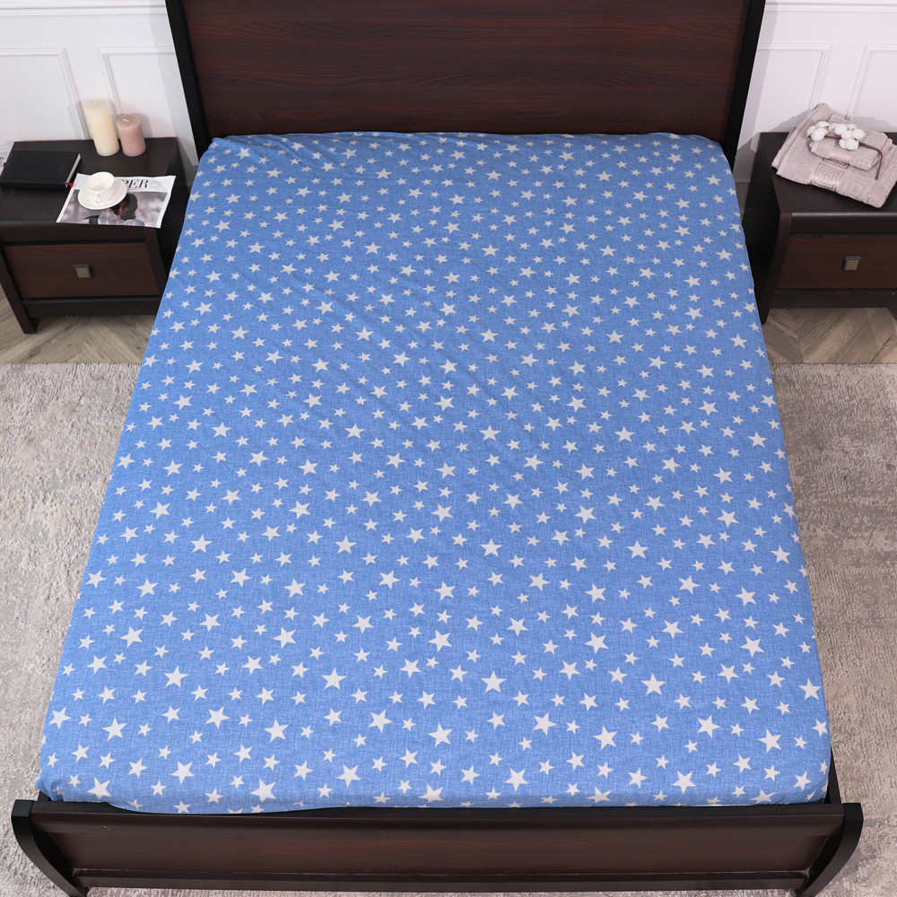 Натяжне простирадло бязь на гумці  зірка на блакитному  (140*200*25) двоспальна бавовняна