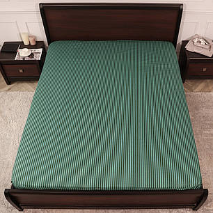 Бавовняне натяжне простирадло бязь для двоспального ліжка на гумці (160*200*25) захисне зелене в смужку, фото 1