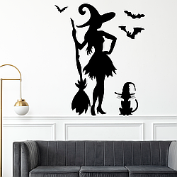 Наклейки на Геловін Відьма з мітлою чорний кіт кажани Happy Pocket декор стін вікон 405х970 мм матова