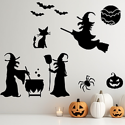 Наклейки Хелловін Відьми чорний кіт кажан гарбуз павук Happy Pocket декор для стін вікон чорний матовий