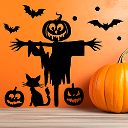 Наклейки для хелоуїну Чучело Гарбузи чорний кіт кажани Happy Pocket декор вікон стін Набір S чорний матовий