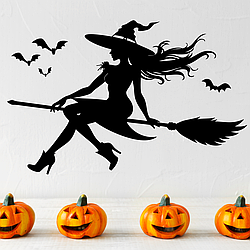 Наклейки Хелловін Відьма на мітлі кажани самоклейка Happy Pocket Набір S 512х330 мм чорний матовий