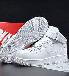 Високі молодіжні чоловічі шкіряні кросівки білі Nike Air Force