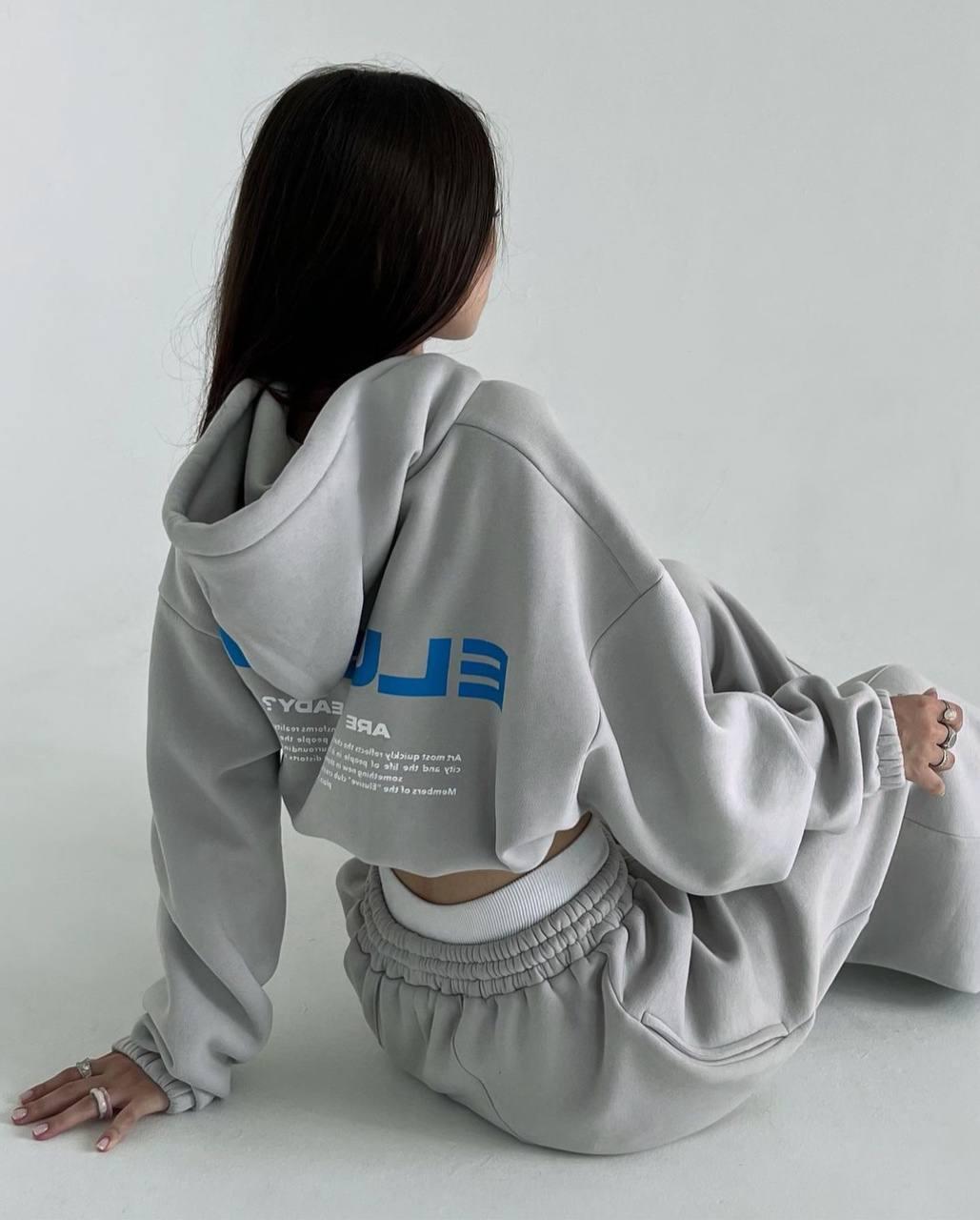 Сірий жіночий утеплений костюм 2ка з турецької тринитки на флісі: Штани та Худі знизу на резинці з капюшоном, фото 1