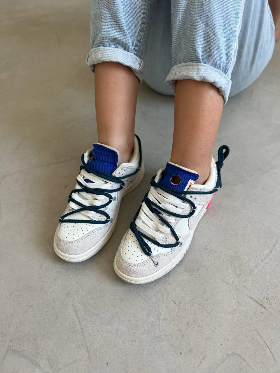 Жіночі кросівки Nike Dunk Low Off White Blue Кеди Найк Данк Лоу білі замша шкіра демісезон