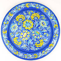 Тарілка Петриківський розпис ЖОВТО-БЛАКИТНІ КВІТИ ручної роботи з дерева 30 см Український сувенір