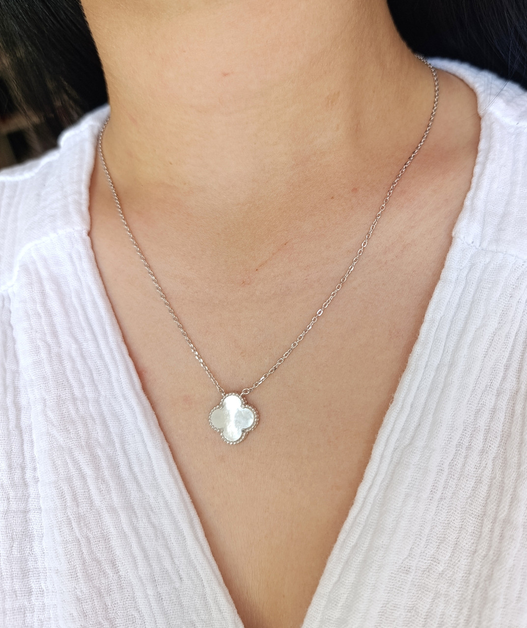 Срібне кольє "Клевер" з перламутром (Арт.52111460034), фото 1