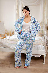 Жіночий легкий шовковий повсякденний костюм-двійка сорочка та штани у квітковий принт тканина шовк армані