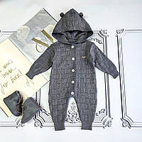 Дитячий сірий в'язаний чоловічок з капюшоном, ромпер для новонароджених