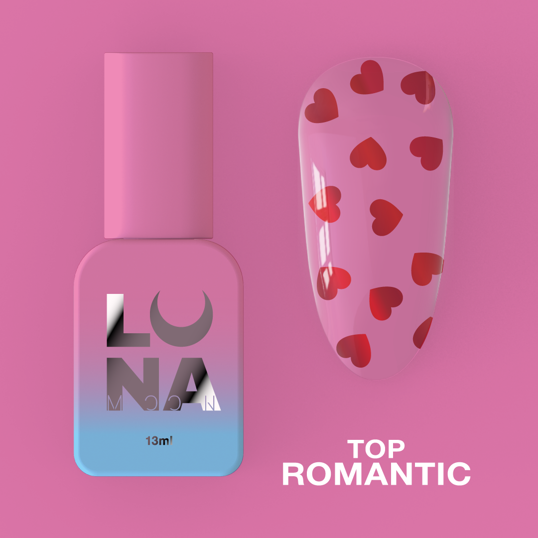 Топове покриття з сердечками LUNAMoon Top Romantic #1 (червоний), без липкого шару для гель-лаку, 13 мл