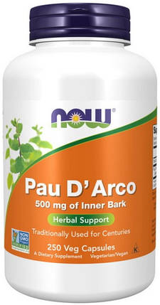Кора мурашиного дерева NOW Pau DArco 500 mg of Innewr Bark 250 veg caps, фото 1