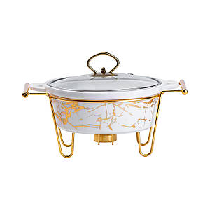 Керамічна кругла мармітниця зі скляною кришкою 1 літр 28*21*14 см золотий мармур