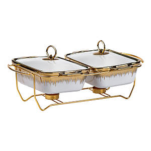 Керамічна прямокутна мармітниця з металевою підставкою на 2 секції по 1 л 40*28*14 см золото