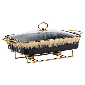 Керамічна мармітниця зі скляною кришкою прямокутна 40*23*11 см 2 л чорна