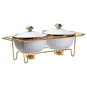 Керамічна мармітниця з металевою підставкою на 2 секції по 1.5 л 51*23*18 см золото