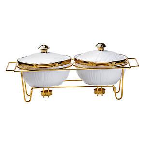 Керамічна мармітниця з металевою підставкою на 2 секції по 1 л 47*20*17 см золото