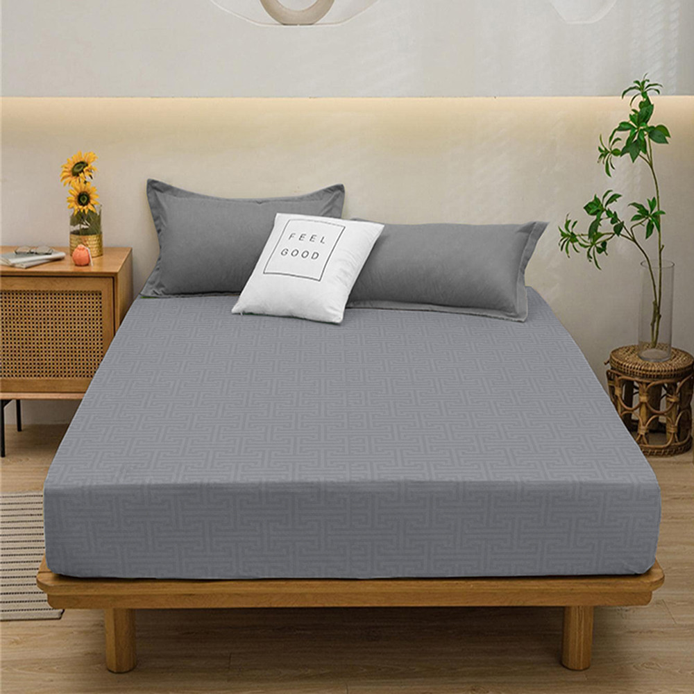 Міцне захисне простирадло на гумці односпальне (90*200*25) полуторне однотонне мікрофібра сіре з орнаментом