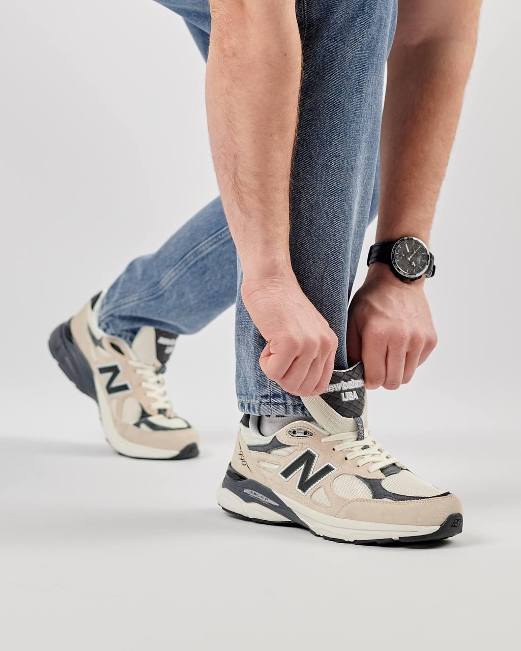 Чоловічі кросівки замша сітка New Balance 990 v3 Beige Black, кеди чоловічі Нью Беленс бежеві. Чоловіче взуття