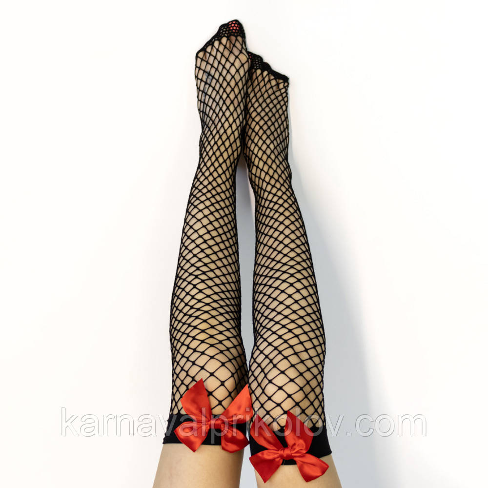 Панчохи мереживні Сітка чорна з червоним бантом