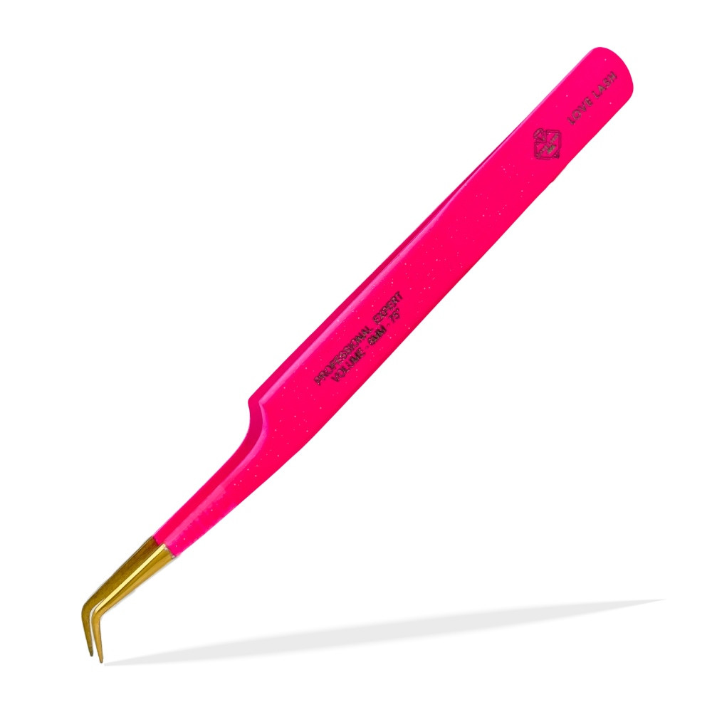 Пінцет LoveLash L-6mm 75° Pink-Glitter
