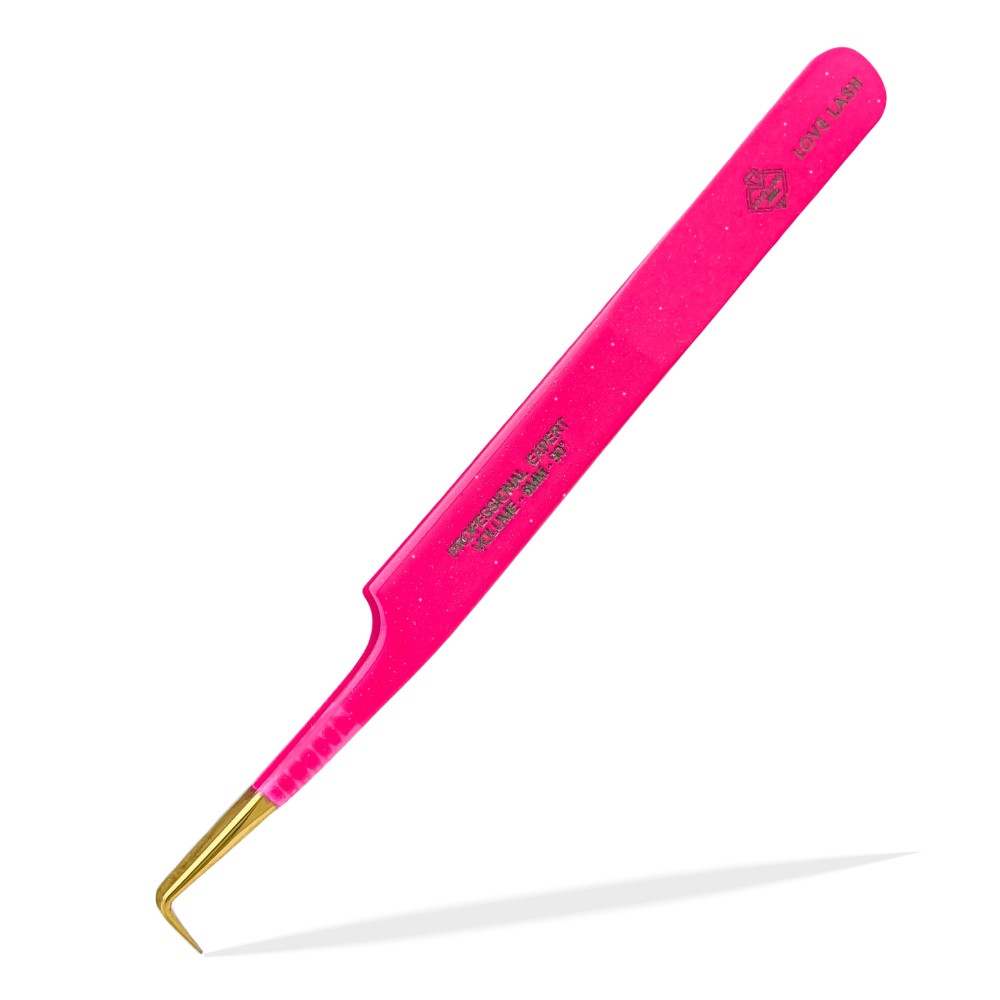 Пінцет LoveLash L-6mm 90° Pink-Glitter