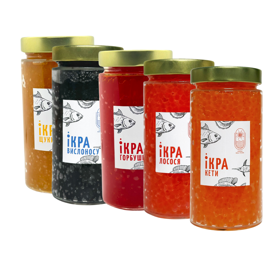 Набір з пяти видів ікри Щука Вислоніс Горбуша  Кета Лосось 0,5+0,5+0,5+0,5+0,5