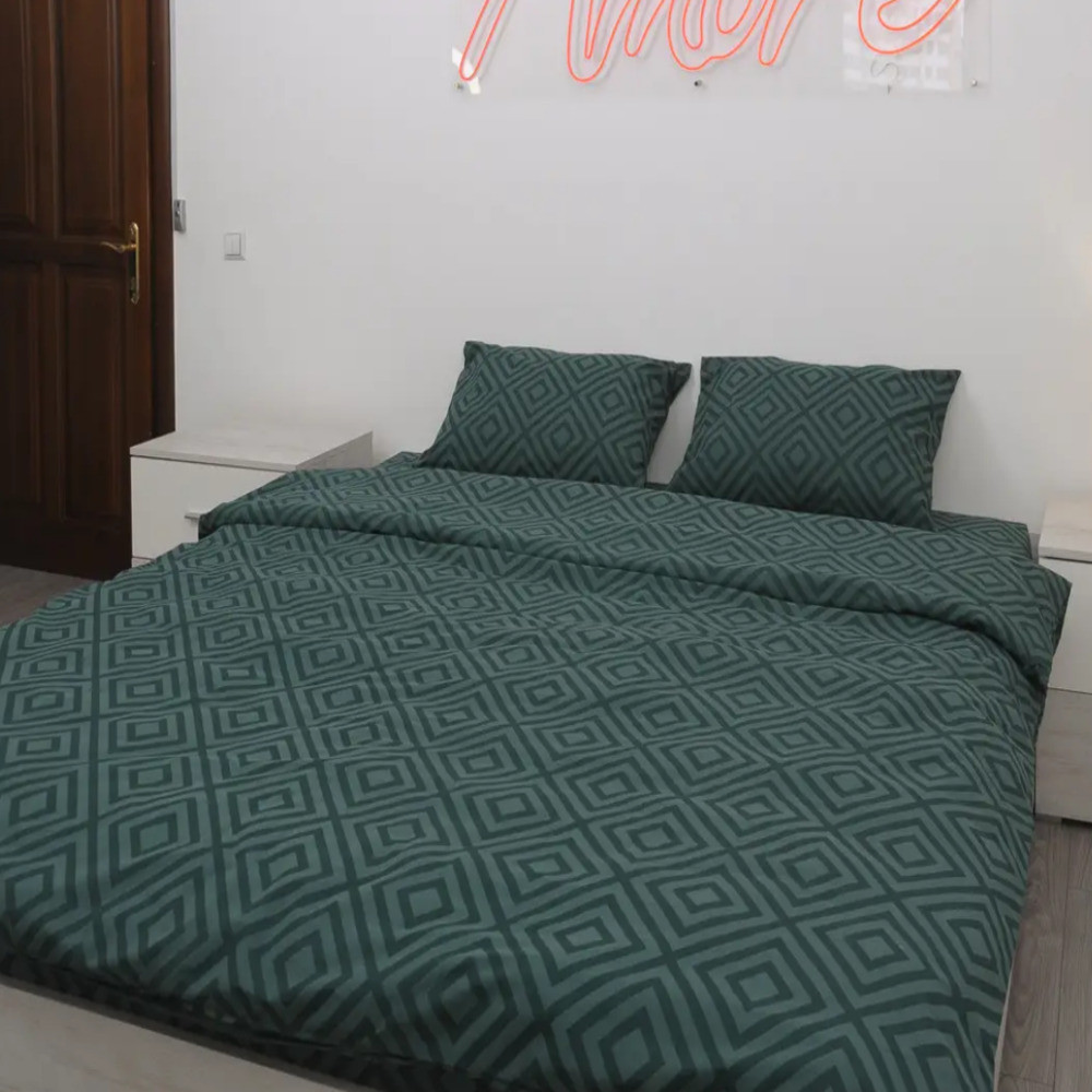 Постільна білизна на гумці двоспальна 180х220 зелений ромб (23067) Однотонна бавовняна на блискавці, фото 1