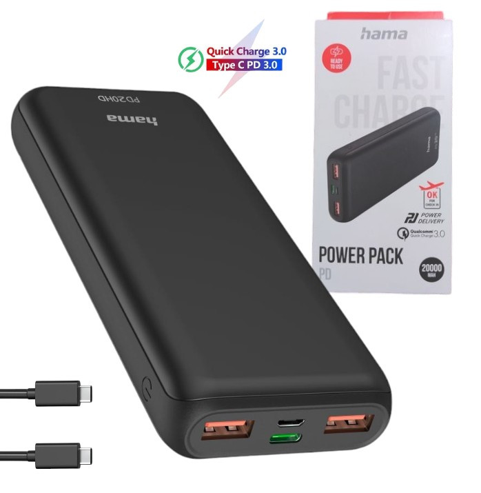 Павербанк Power Bank Hama PD 20HD 20000mAh швидка зарядка 18W Зовнішній акумулятор із Type-C PD