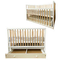Ліжечко дитяче "Софія" - шарнір-підшипник+ящик з опускною боковиною (Білий+натуральний)