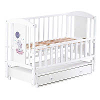 Ліжечко дитяче ЛІЛІ "Слоник" шарнір-підшипник з відкидною боковиною+шухляда, (білий)