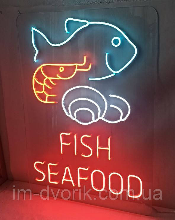Вивіска неонова "Fish Seafood" 790х550 мм з пультом управління