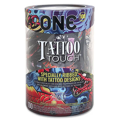 Набір презервативів ONE Tattoo Touch, 100 шт., з рельєфом у формі тату, 3 різновиди, паковання-тубус