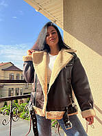 Дубленка женская Aftf Basic 264 удлиненная оверсайз мех пилот молнии с ремнем коричневая, коричневый, S